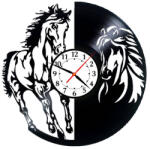  Ceas de perete decorativ realizat din disc de vinil, Model Cai Salbatici si Coama in Alergare, Design Contrast Yin si Yang, Negru, 30 cm