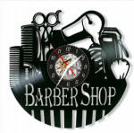  Ceas de perete decorativ realizat din disc de vinil, Model Frizerie Barber Shop cu Uscator, Foarfece, Piepteni si Masina de Tuns, Negru, 30 cm