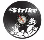  Ceas de perete decorativ realizat din disc de vinil, Model Bowling Strike, Bila in Impact cu Popicele, Text Stilizat Strike, Negru Premium, 30 cm