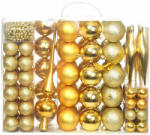  112 részes karácsonyfadísz szett, arany, 2, 5-14, 5 cm méretű díszekkel, csúcsdísszel, gyöngysorral és 200 cm hosszú boával, matt és fényes felülettel (HOP1001123-2)