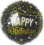 Mezőfi Team Kft Happy Birthday, fekete, arany csillagos-pöttyös, gömb fólia lufi, 45 cm