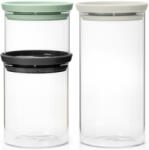 Brabantia üvegedény készlet, 3db-os, 0, 3L/0, 6L/1, 1L, egymásra rakható, légmentesen záró fedő, világosszürke, sötétszürke, jáde zöld fedők (100550)
