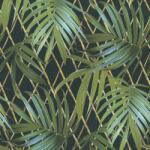 FüggönyFutár Webáruház Fekete-zöld színű levélmintás vlies-vinyl tapéta, Eldorado 15518