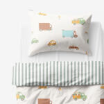 Goldea gyermek pamut ágyneműhuzat - az autók világa, zsálya színű csíkos hátoldal 150 x 200 és 50 x 60 cm