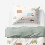 Goldea gyermek pamut ágyneműhuzat duo - az autók világa, zsálya színű hátoldal 150 x 200 és 50 x 60 cm