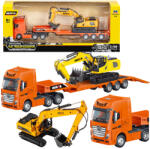 HUINA Camion Huina cu platformă joasă și excavator metalic, scară 1: 50 - portocaliu și galben (22768)