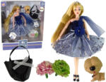 LEAN Toys Păpușa Emily în rochie albastră cu geantă de mână cu câine și decorațiuni florale (13900) Papusa