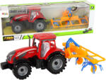 LEAN Toys Tractor roșu cu greblă portocaliu-albastră și propulsie prin frecare (14837)