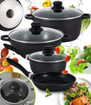GordonToys Set de vase de gătit din aluminiu negru, 7 piese, cu strat antiaderent, pentru toate tipurile de plite (G765)