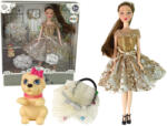 LEAN Toys Papusa Emily cu par lung si catelus, in rochie maro (13901) Papusa