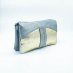 Amnisu fényes szürke / fényes arany swarovski egyenesköves tripla cipzáras bőr pénztárca g1005