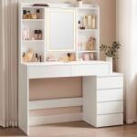 Brius Masa toaleta oglinda iluminare led reglabila 6 sertare pal, 118x40x145 cm, design modern, alb (EZ-RDT624W01)