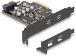 Delock PCI expressz x4 kártya - 2 x külső USB Type-C csatlakozó + 1 x belső USB 10 Gbps Type-E Key A and 1 x 19 pin USB pin header male - alacsony profilú formatényező