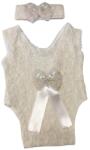  Újszülött csipke body és fejpánt fotózáshoz - Ecrü kis masnis (50/56 cm)