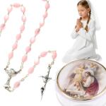  Rózsaszín úrvacsorai rózsafüzér kislánynak, kézzel készített tokkal