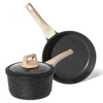 Just Perfecto Set tigaie si cratita Just Perfecto JL-43, 2 piese, Finisaj marmura, Fara PFOA si PFAS, Capac din sticla, Inductie, Negru (JL-43)