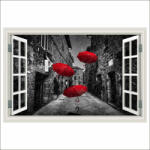  Öntapadó és mosható falfestmény Window Street Toszkánában, piros esernyők, fekete-fehér, 300 x 200 cm