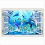  Öntapadó és mosható falfestmény Ablak delfin, zátony, hal, téglafal, 300 x 200 cm
