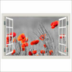  Öntapadó és mosható falfestmény Ablak mező piros pipacsból, fekete-fehér, 180 x 120 cm