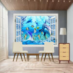  Öntapadós és mosható falfestmény Ablak Delfin, zátony, hal, téglafal, 180 x 120 cm