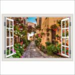 Foto Háttérkép Ablak Macskaköves utca, virágok, középkori város, 300 x 200 cm