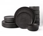  Anun fekete étkészlet 6 főre, 18 darabos, modern, mosogatógépben mosható, tányérkészlet
