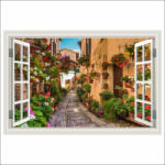  Falmatrica Ablak Macskaköves utca, virágok, középkori város, 200 x 135 cm