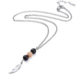  Ezüst Színű Nemesacél Rózsaarany Cirkónia Strasszos Toll Medálos Nyaklánc Fekete Achát Gyöngyökkel