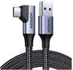 UGREEN adatkábel, usb - type-c, 3a, gyorstöltő 3.0, 100cm, 90 fokos, cipőfűző, fekete (US385)