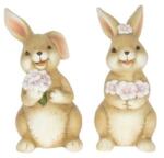  Dekocárió nyúl fiú, lány csokorral álló kerámia 7x6x12cm rózsaszín-barna 2 féle 1db, figura nem válsztható (SHM200027)