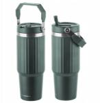 Florina Termo Bögre Szívószállal Nagy termosz Kulacs Rozsdamentes 890ml Zöld csíkos (383502)