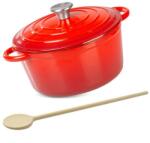 Magic home Oala de fonta emailata cu capac, maner din inox, lingura de lemn, rosie, 4 L, Magic Home (144544)
