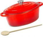 Magic home Oala de fonta emailata cu capac, ovala, maner din inox, lingura de lemn, rosie, 4.4 L, Magic Home (144551)