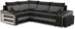 GreenSite Grande sarokkanapé polcokkal és puffokkal , polc a bal karfaban puffok a jobb karfaban, baloldali, szövet anyag, bonell töltet, fekete - szürke