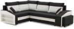 GreenSite Grande sarokkanapé polcokkal és puffokkal , polc a bal karfaban puffok a jobb karfaban, baloldali, szövet anyag, hab töltet, fekete - fehér