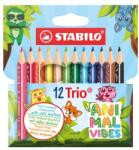 STABILO Creioane colorate triunghiulare STABILO Trio, set de 12 culori cu motive animale groase și scurte