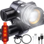 Dodaco Set lumini bicicleta fata si spate, LED 300 lumeni, 3 moduri de iluminare, maner rotativ 360 , zoom, rezistent la apa IPX6, acumulator reincarcabil, instalare usoara, cablu USB inclus, negru