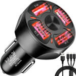 Dodaco Incarcator auto USB cu 4 porturi + cablu 3 in 1 Micro USB iPhone USB Type-C, incarcare rapida, compact, 3A, 12-32V, negru