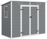 Outsunny Șopron de Grădină din Rășină cu Podea, 2 Uși cu Sistem de Blocare, Fereastră, 2, 4 x 1, 3 m, Gri