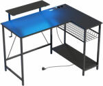 HomCom Sarok Gamer Íróasztal LED Világítással, Aljzatokkal, Monitorállvánnyal és Polccal, Fekete