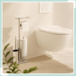 Relaxdays Rozsdamentes acél WC-papírtartó és WC kefe szett polccal 10051343_55