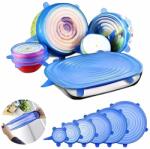 MACVI 6 darabos Macvi® újrafelhasználható, szivárgásmentes, rugalmas szilikon fedél készlet élelmiszerek tárolására, kék és átlátszó (MCV-01863)