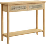 VASAGLE Konzolasztal két fiókkal, rattan hatású előlap, tölgy 100x30x80cm