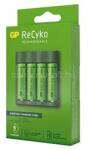 Gp Batteries RECYKO akkutöltő LED jelzés, 4xAA/AAA elem kompatibilis + 4db 2100mAh AA elem, SÖTÉTZÖLD (B421) (B421)
