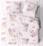  5 részes dupla ágynemű huzat szett - 200x220 cm / fehér alapon mályva virág - kék levél motívumokkal