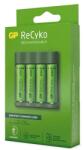 GP Batteries RECYKO akkutöltő LED jelzés, 4xAA/AAA elem kompatibilis + 4db 2100mAh AAA elem, SÖTÉTZÖLD B421 (B421)