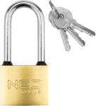 NEO TOOLS Lakat 50mm hosszúkengyeles, réz-acél, időjárásálló, 3 kulccsal (85-055)