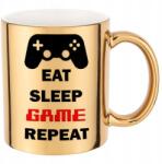 Funandstyle Metál Bögre Fényes Arany Eat Sleep Game Repeat 300ml Többféle Minta