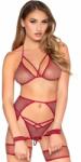 Leg Avenue Net Bra Top, String & Harness Set 89362 Burgundy-Silver