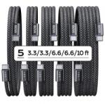 Lisen Cablu Date si Incarcare USB-C - USB-C Lisen YL0123070010, 60W, 2 x 1m, 2 x 2m, 1 x 3m, Set 5 bucati, Negru